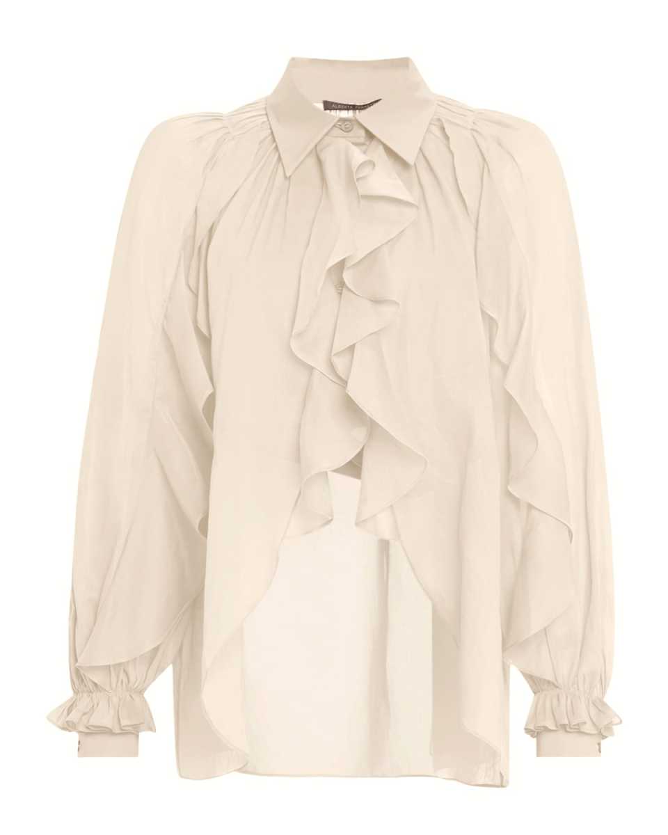 Ruffle High-Low Button-Down Blouse